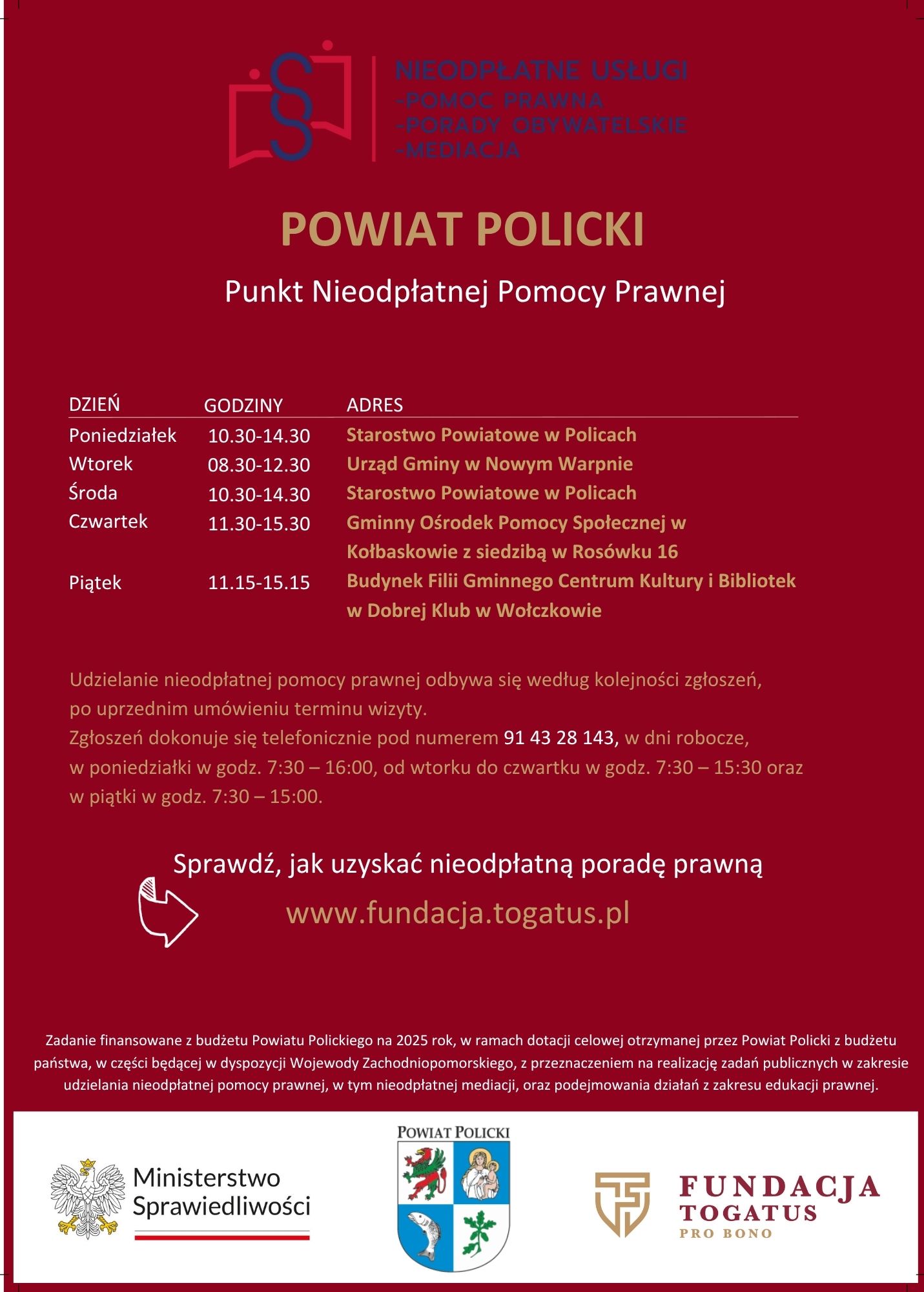 Obrazek dla: Bezpłatna Pomoc Prawna dla Mieszkańców Powiatu Polickiego